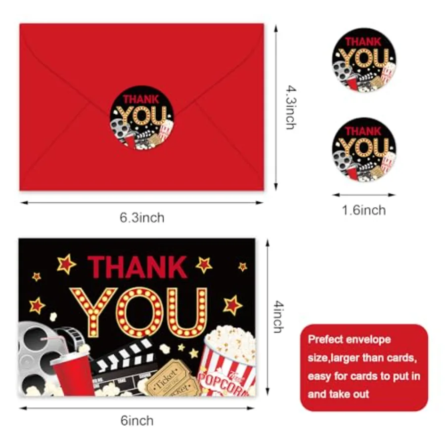 24 Pack Movie Night Thank You Cards Bulk Movie Reel Ticket Popcorn Note, view 2