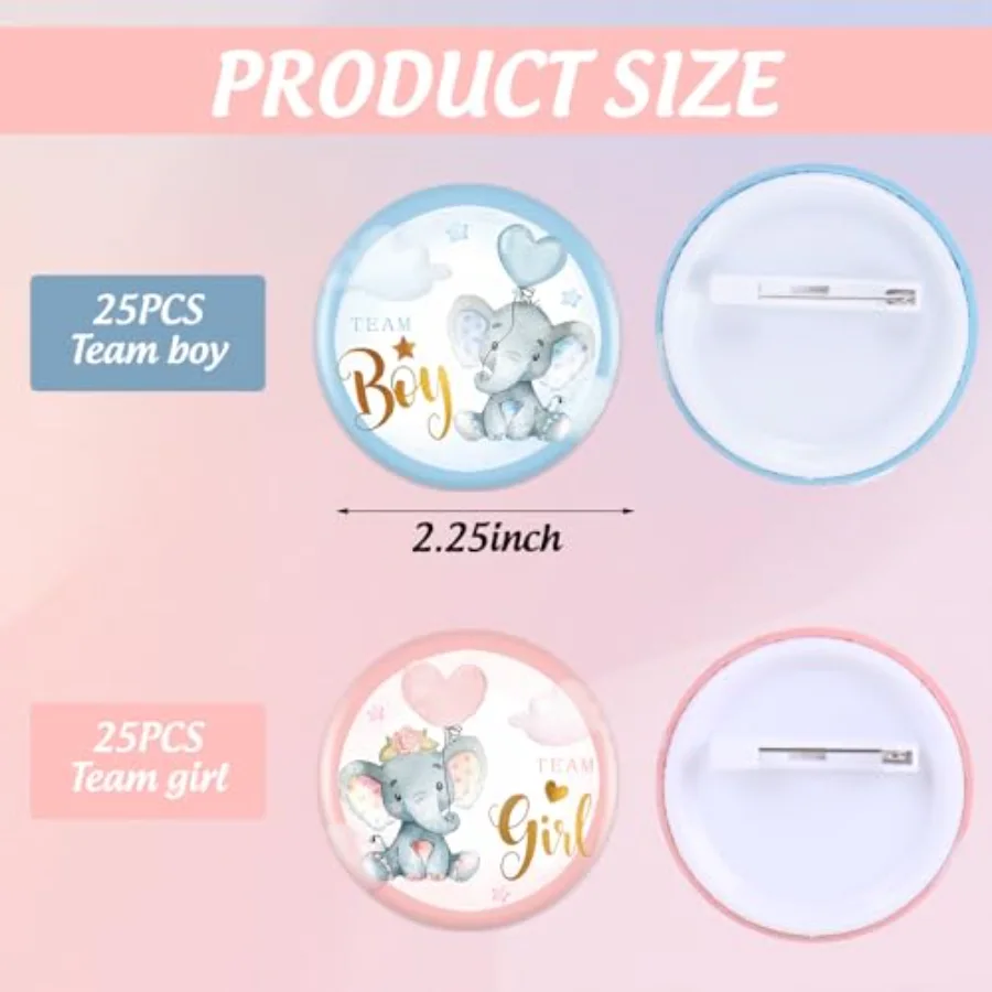 50 Pcs Elephant Balloon Gender Reveal Button Pink Blue Pins Team Girl Boy, view 2