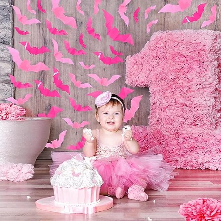 112Pcs Halloween Wall Decoration 3D Bats with Foam Adhesive Pink and Rose, view 3