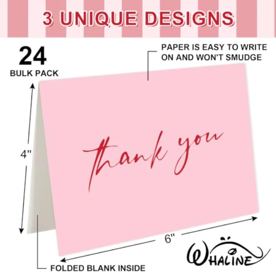 24 Pack Striped Thank You Cards Red and Pink Greeting Cards Blank Note, view 2