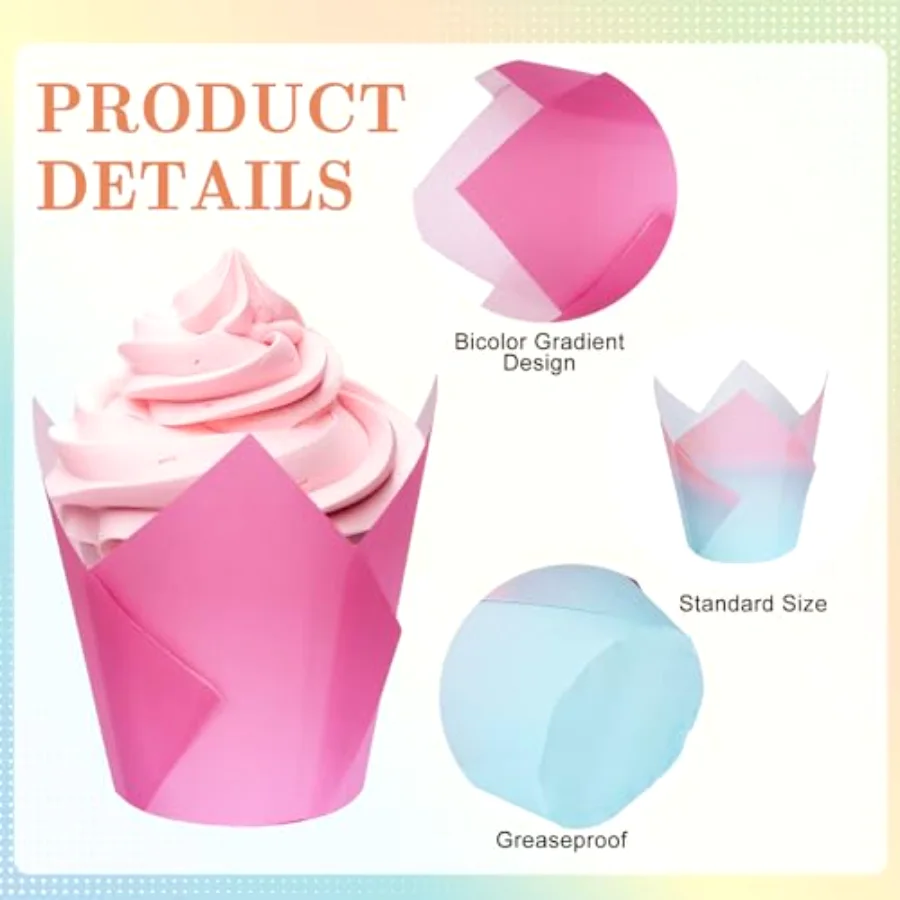 200Pcs Bicolor Gradient Tulip Cupcake Liners Greaseproof Baking Cups, view 3