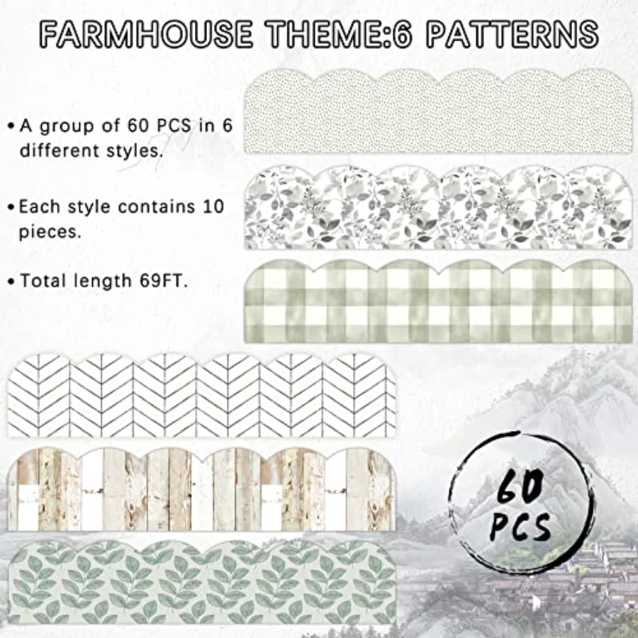 69Ft Farmhouse Bulletin Board Borders 6 Designs Watercolor Decoration, view 3