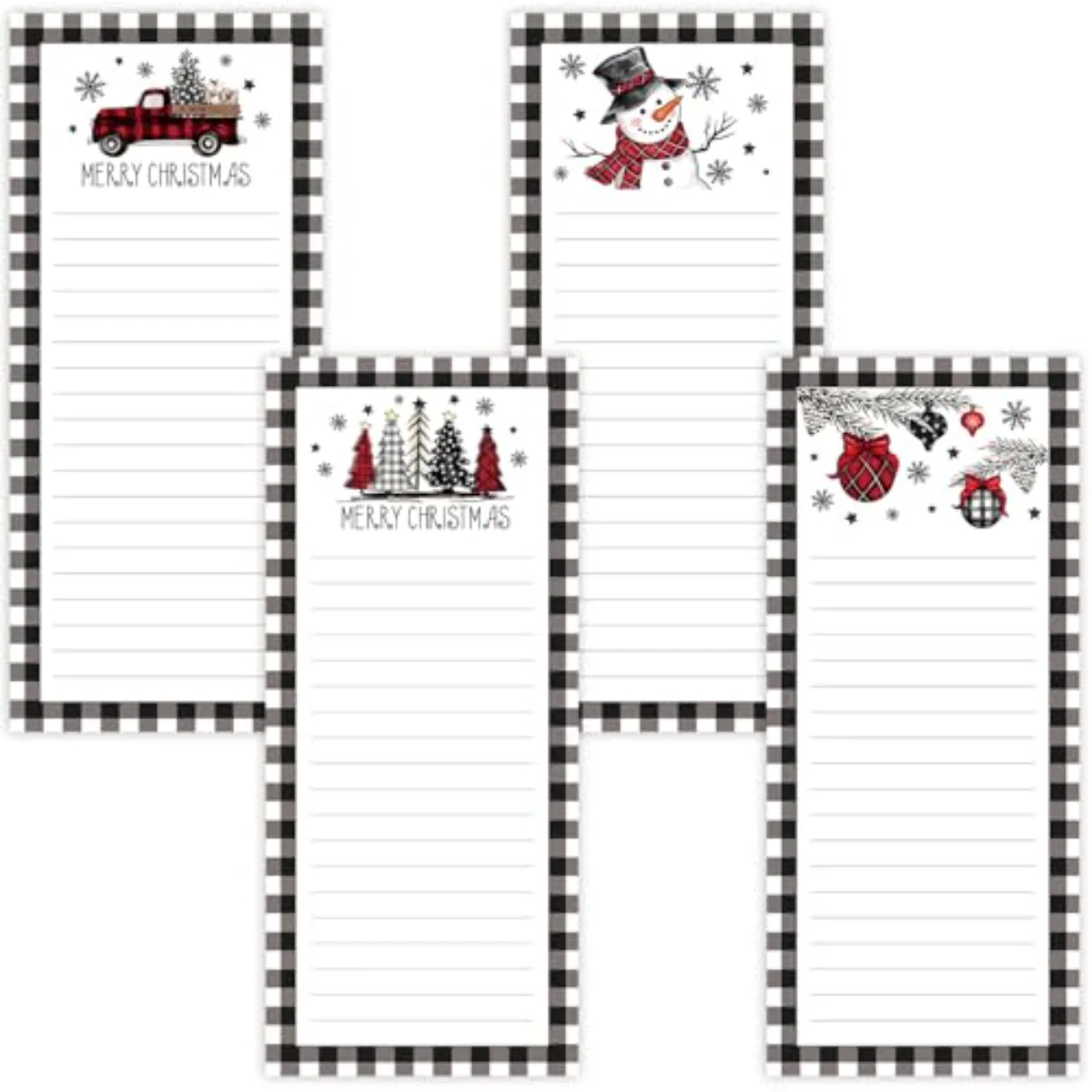 4Pcs Christmas Magnetic Notepads Black White Plaid Xmas Tree Snowman Truck