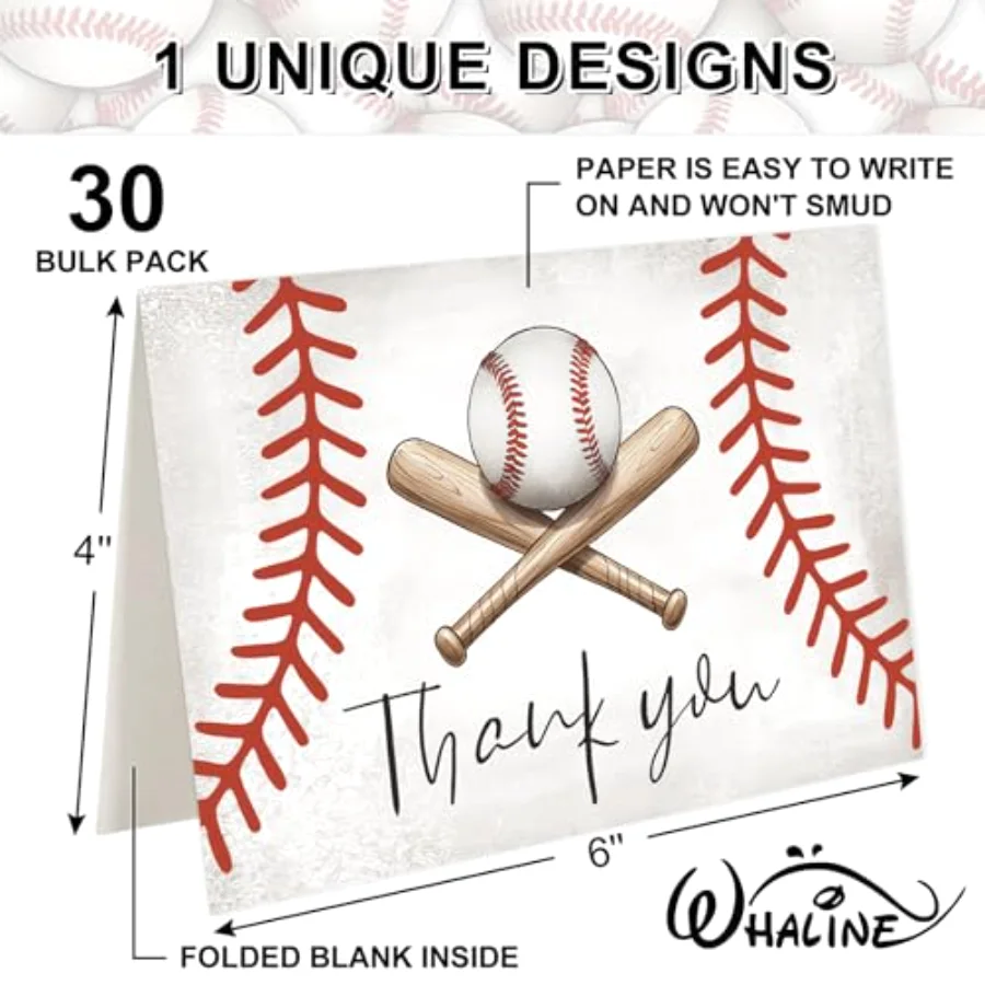 30 Pcs Baseball Thank You Cards Greeting Cards Vintage Baseball Note Card, view 2