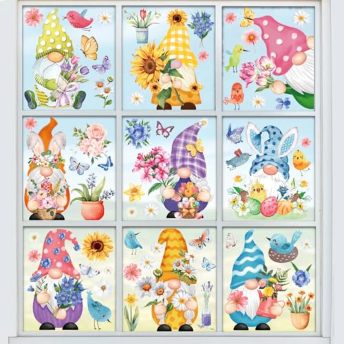 9 Sheets Spring Easter Gnome Flower Window Clings Watercolor Floral