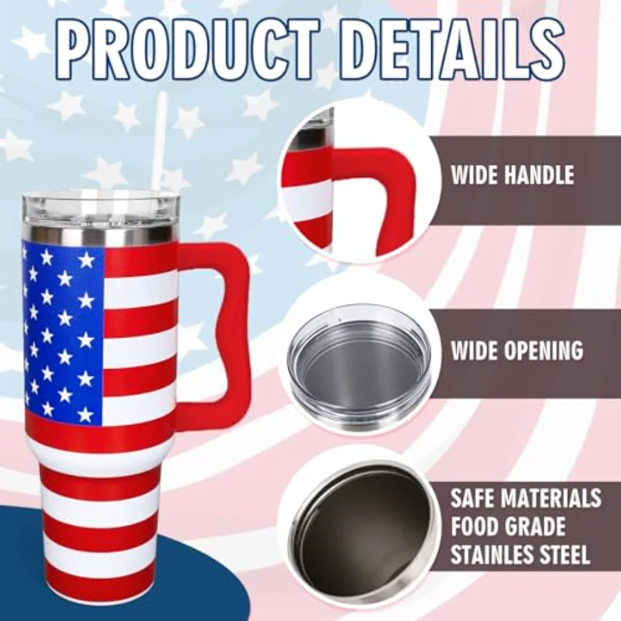 40 Oz Patriotic Tumbler with Handle Straw and Lid Red Blue Stars Stripes, view 3