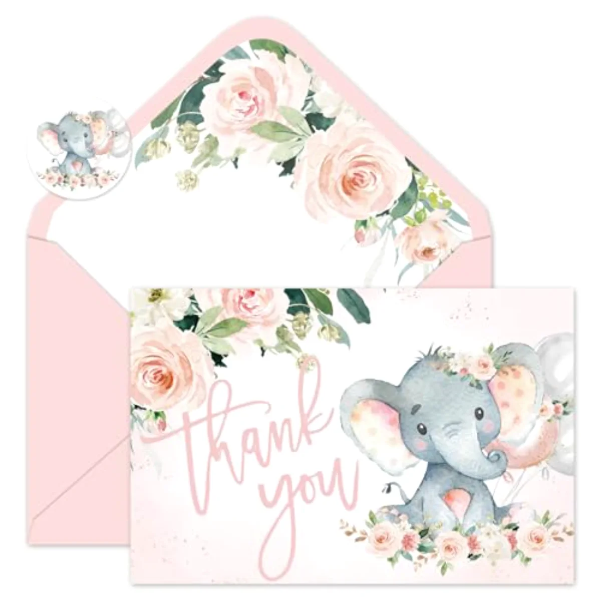 24 Pack Baby Shower Thank You Cards Elephant Flower Greeting Card with