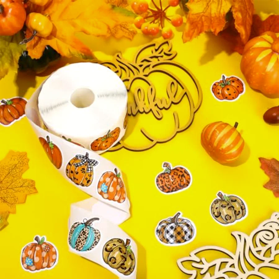 1000Pcs Fall Pumpkin Stickers Roll Autumn Hand-Painted Pumpkin Paper, view 3