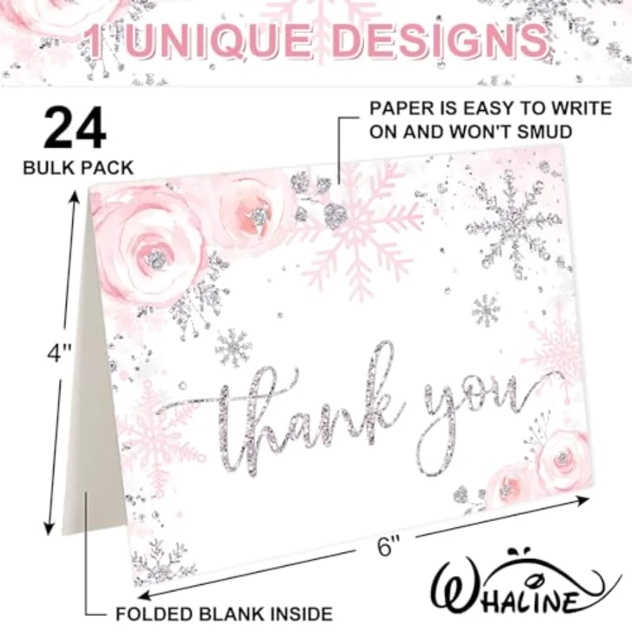 24 Pack Christmas Thank You Card Pink Glitter Snowflake Floral Greeting, view 2