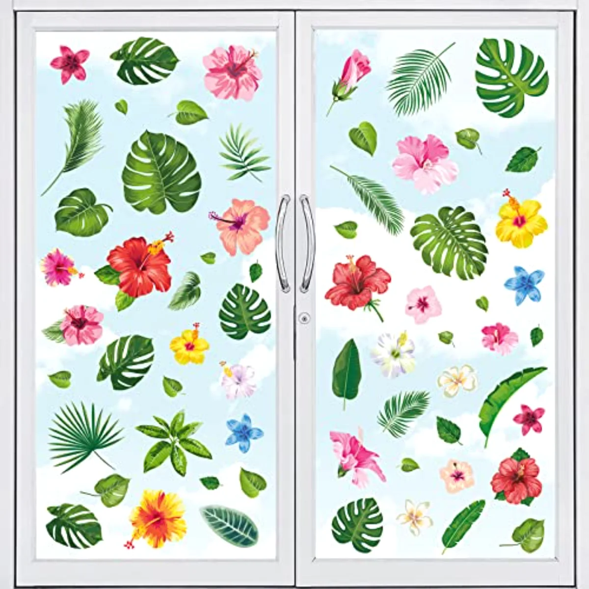 9 Sheets Summer Palm Leaves Window Clings Tropical Hibiscus Flower Window