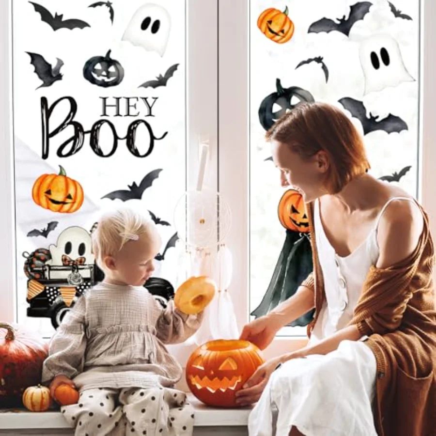 6 Sheets Halloween Window Clings Vintage Hey Boo Ghost Evil Pumpkin Bat, view 2