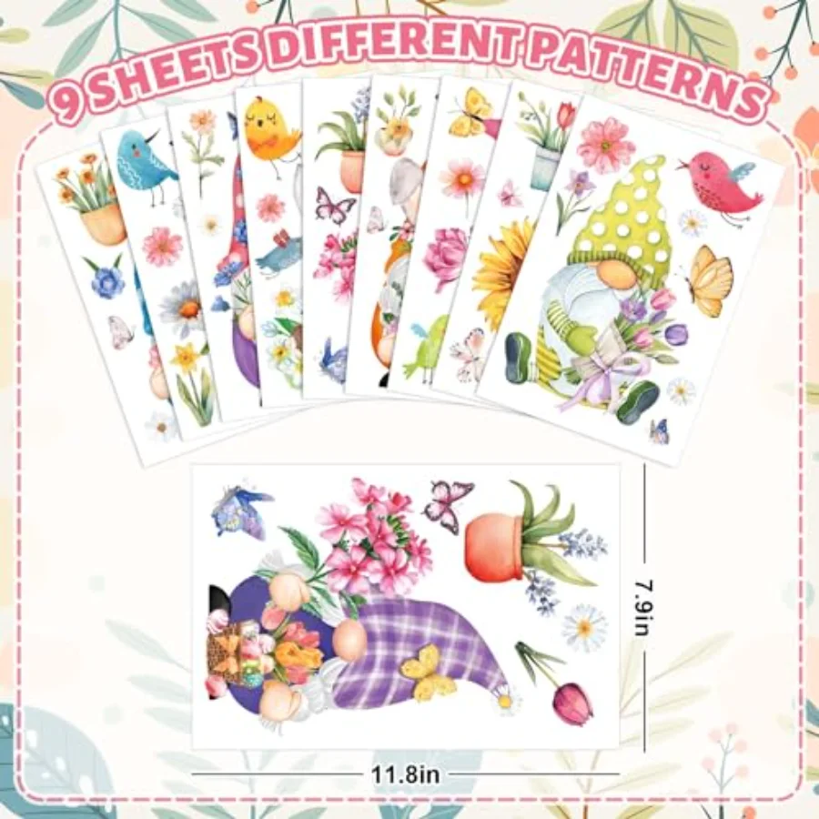 9 Sheets Spring Easter Gnome Flower Window Clings Watercolor Floral, view 2