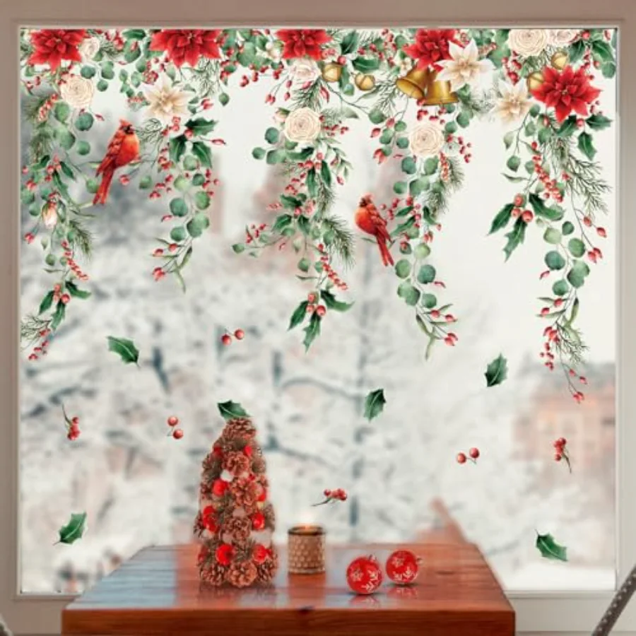 9 Sheets Christmas Floral Window Cling Stickers Hanging Poinsettia Flowers, view 3