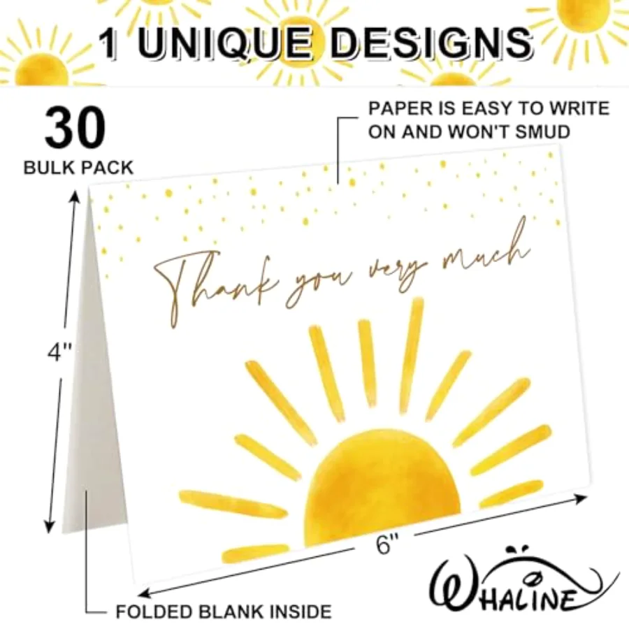 30 Pack Baby Shower Thank You Cards with Envelopes Stickers Boho Sun, view 2