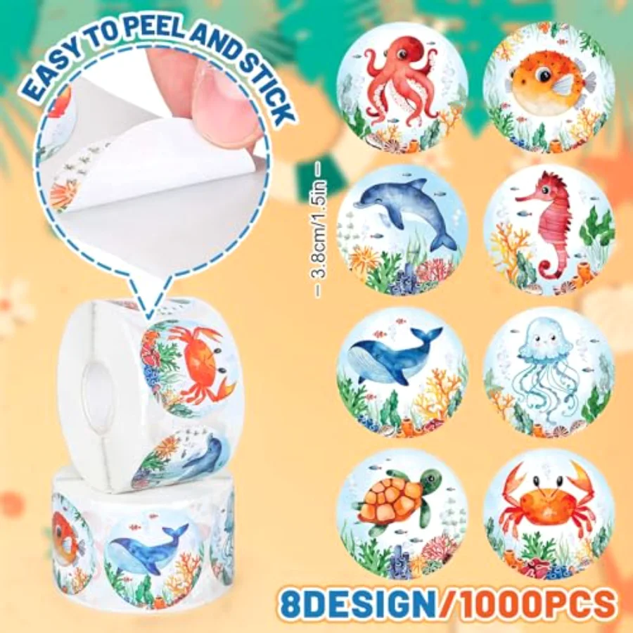 1000Pcs Summer Ocean Animals Stickers Roll Watercolor Marine Sea Life, view 2