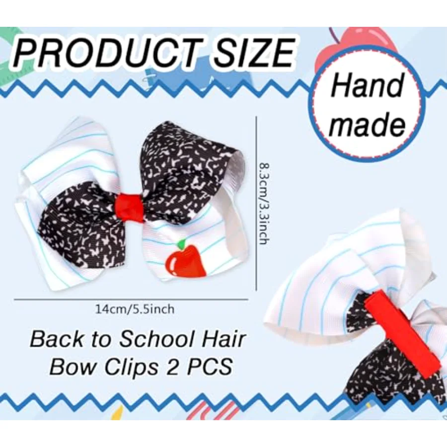 2Pcs Back to School Hair Bow Clips Blue Lined Composition Notebook Apples, view 2