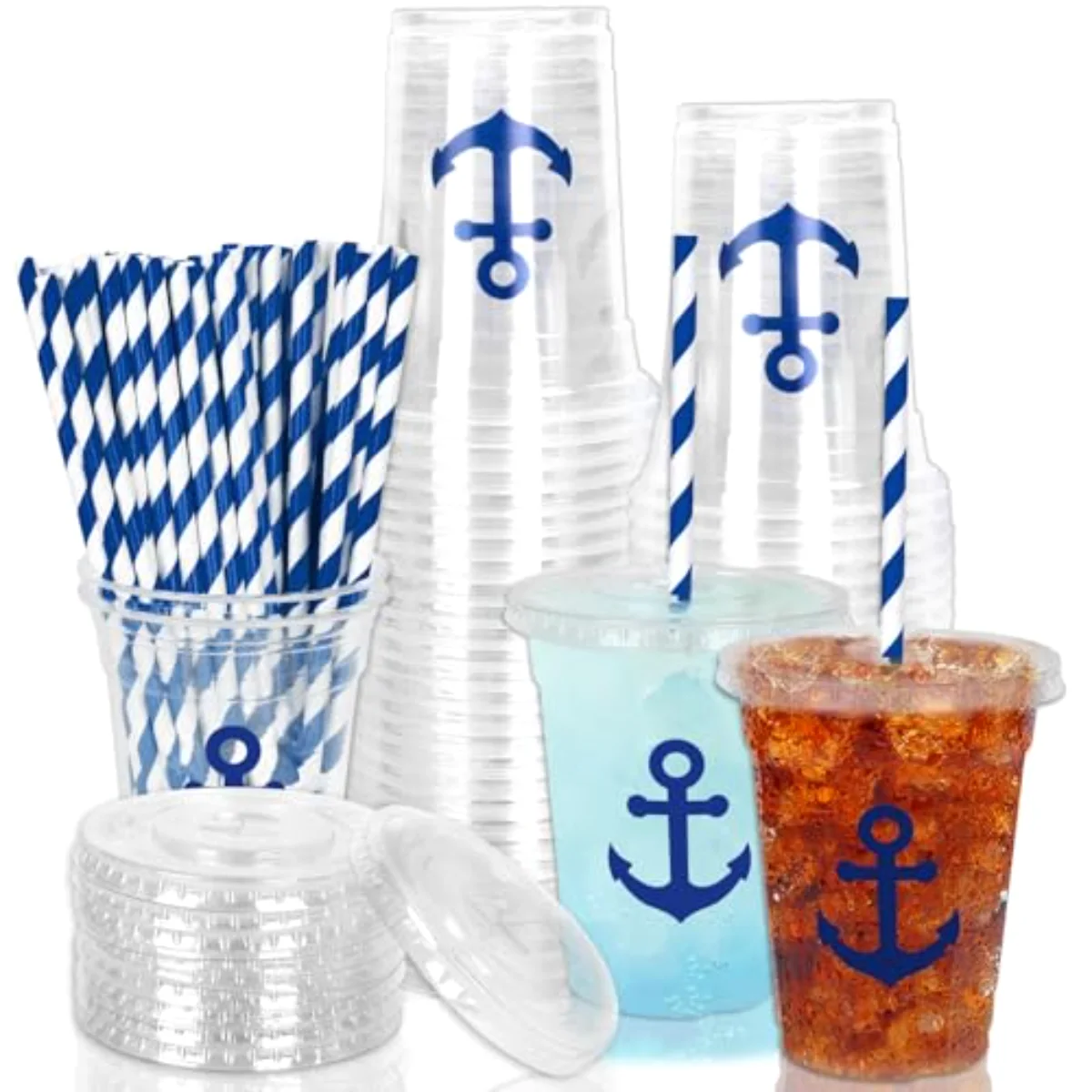 50Pcs Nautical Disposable Plastic Cups with Lids and Straws 12 Oz Blue