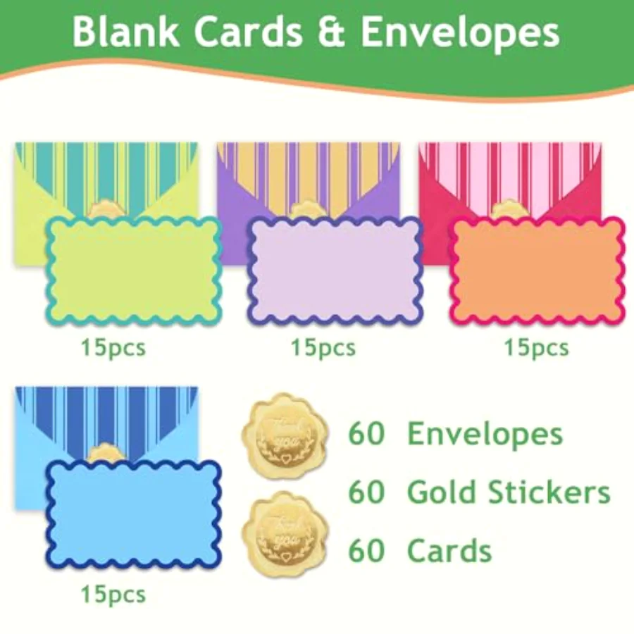 60Pcs Flat Blank Notes with Envelopes Scalloped Stationery Set 4 Colors, view 3