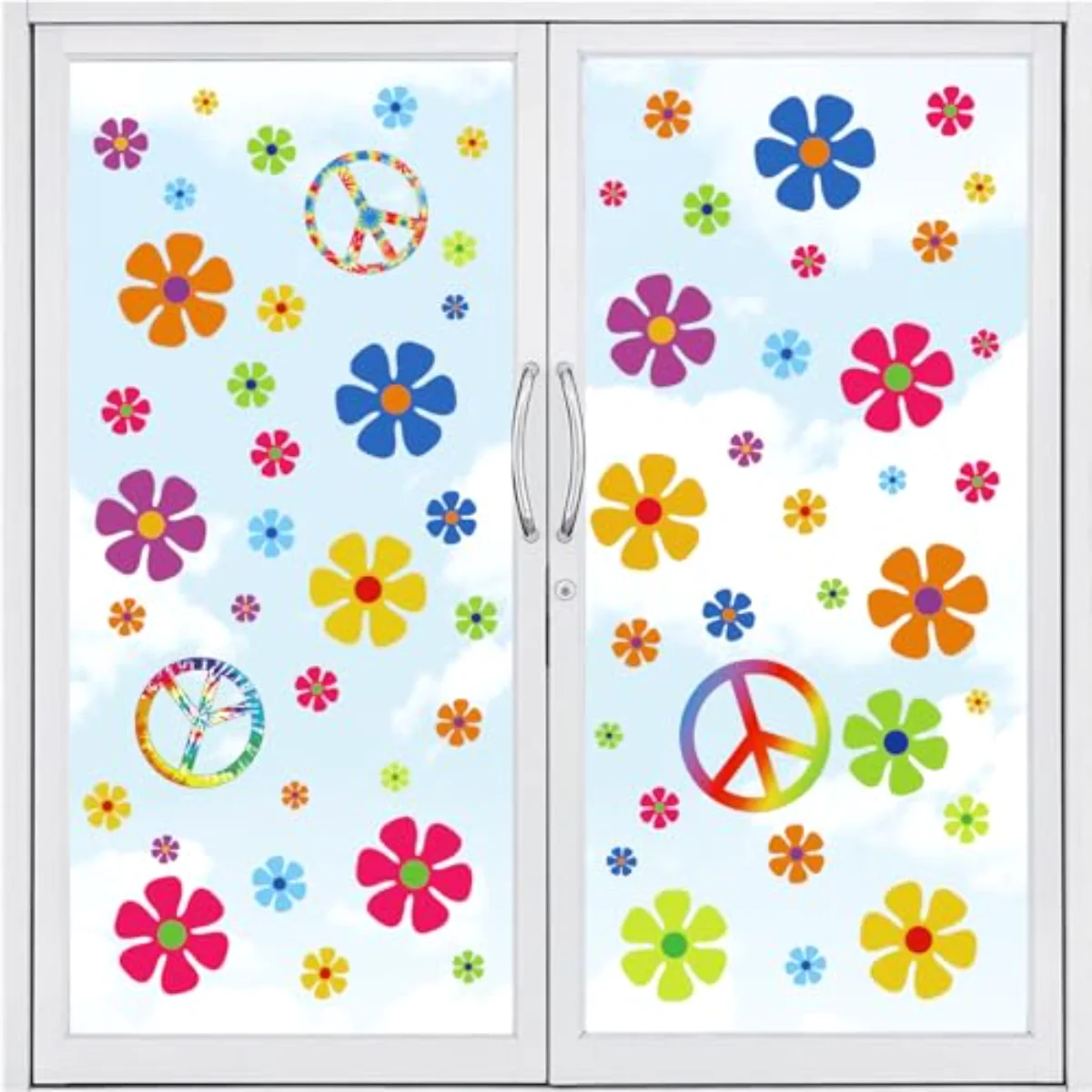 9 Sheets 60’s Hippie Window Clings Retro Double-Sided Colorful Sun Flower
