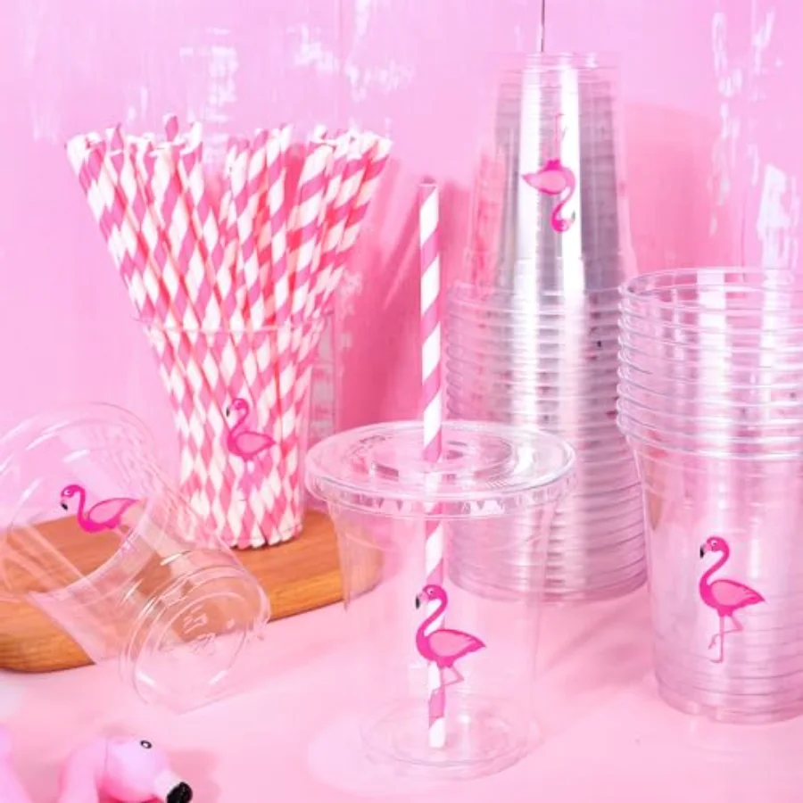 50Pcs Flamingo Disposable Plastic Cups with Lids and Straws 12 Oz Pink, view 4