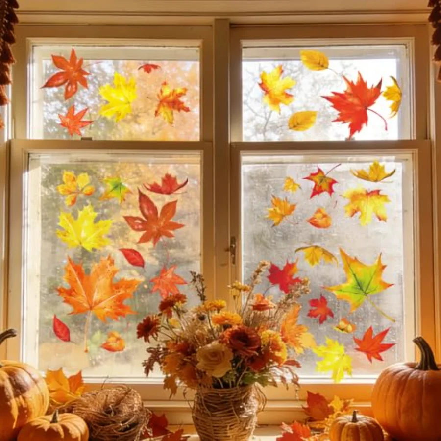6 Sheets Fall Window Clings Watercolor Maple Leaves Double Sided Glass, view 3