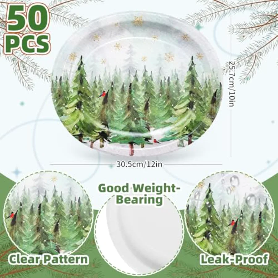 50Pcs Christmas Winter Oval Paper Plates 12" x 10" Large Xmas Tree, view 2