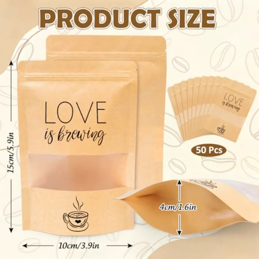 50 Pack Kraft Resealable Bags Love is Brewing Bridal Shower Decoration, view 2