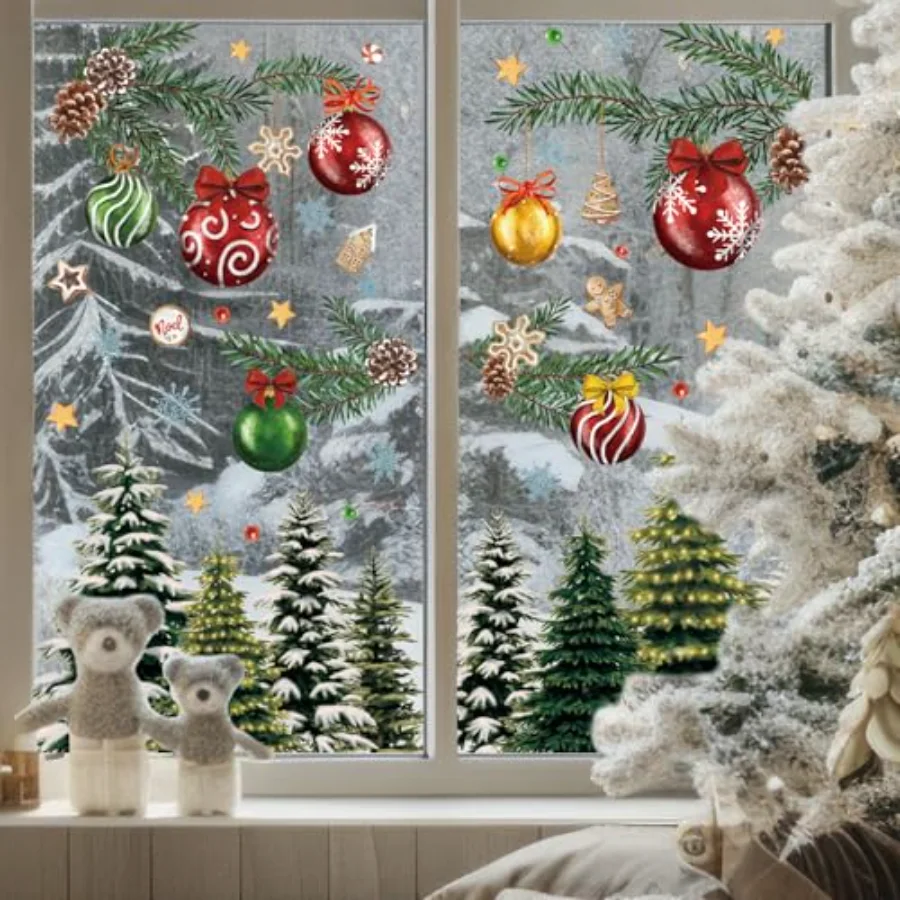 9 Sheets Vintage Christmas Window Cling Stickers Retro Forest Snow Tree, view 4
