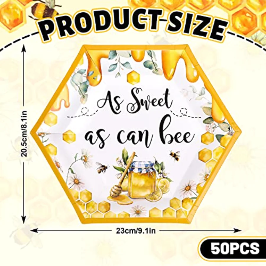 50Pcs World Bee Day Paper Plates Watercolor Honey Hexagonal Disposable, view 2