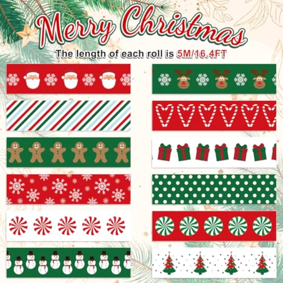 12 Rolls Christmas Washi Tape Red Green Xmas Tree Snowman Santa Claus, view 2