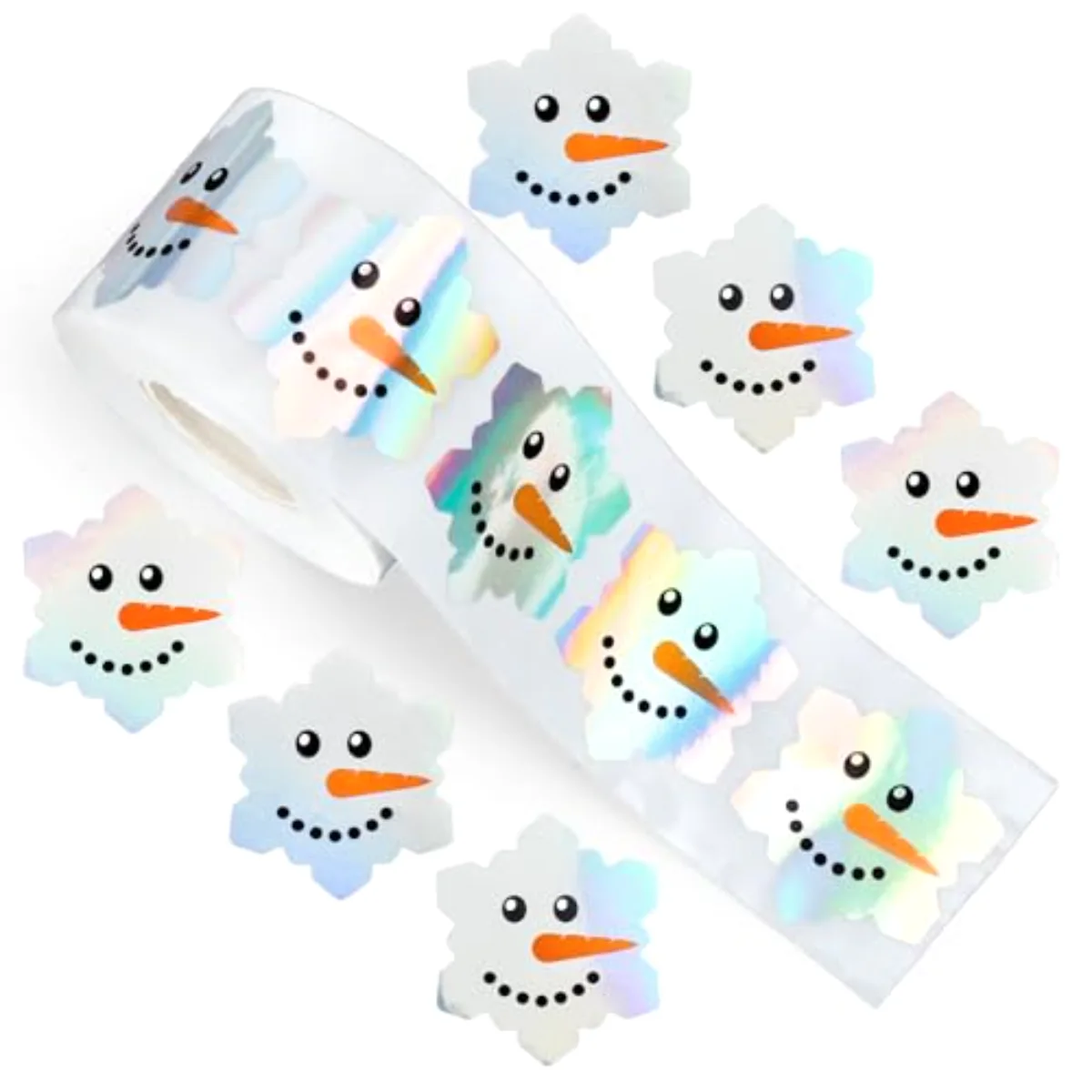 Christmas Winter Snowman Face Stickers Roll Snowflake Shape Holographic