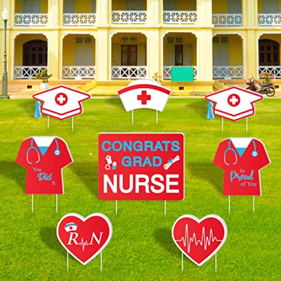 8Pcs Nurse Graduation Yard Signs with 16Pcs Stakes Grad Cap Nurse Cap Lawn, view 3