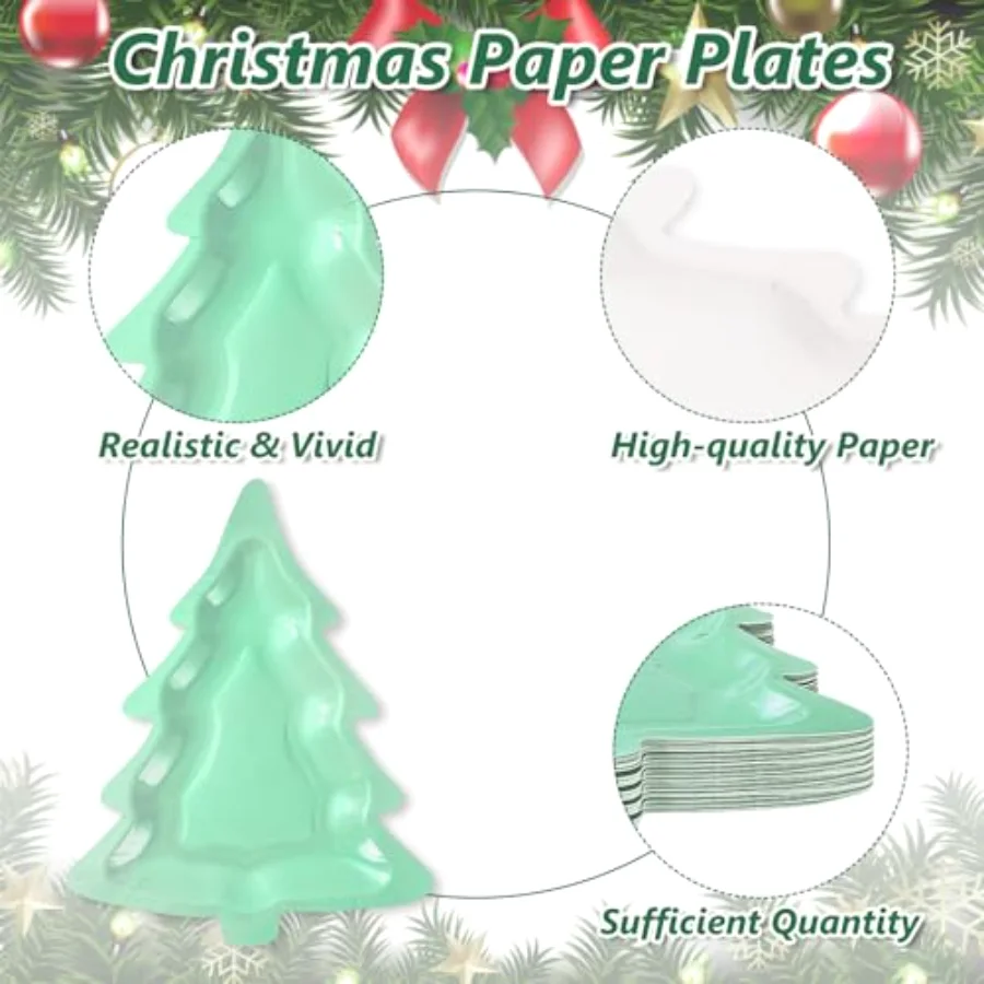 60 Pcs Christmas Paper Plates Boho Xmas Tree Shaped Dinner Plates Red Pink, view 3