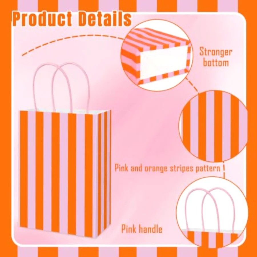 36Pcs Pink Orange Stripe Paper Bag Treat Bags with Handles Candy Goodie, view 3