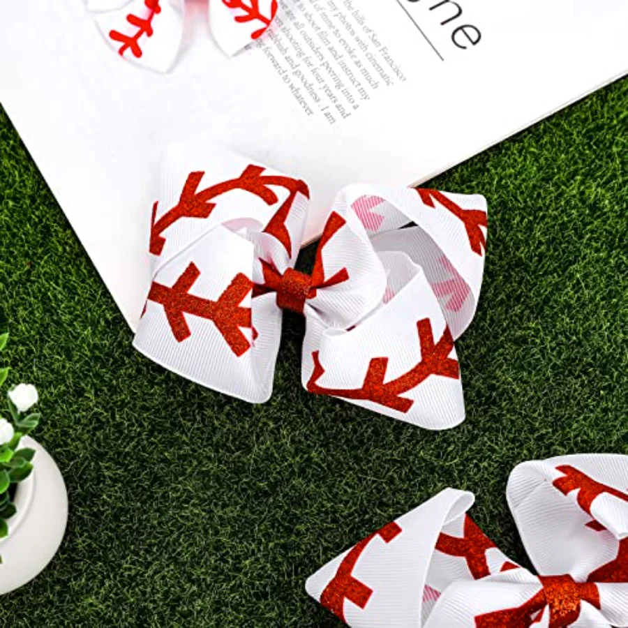 2Pcs Baseball Glitter Hair Bow Clips Red and White Baseball Cheer, view 4