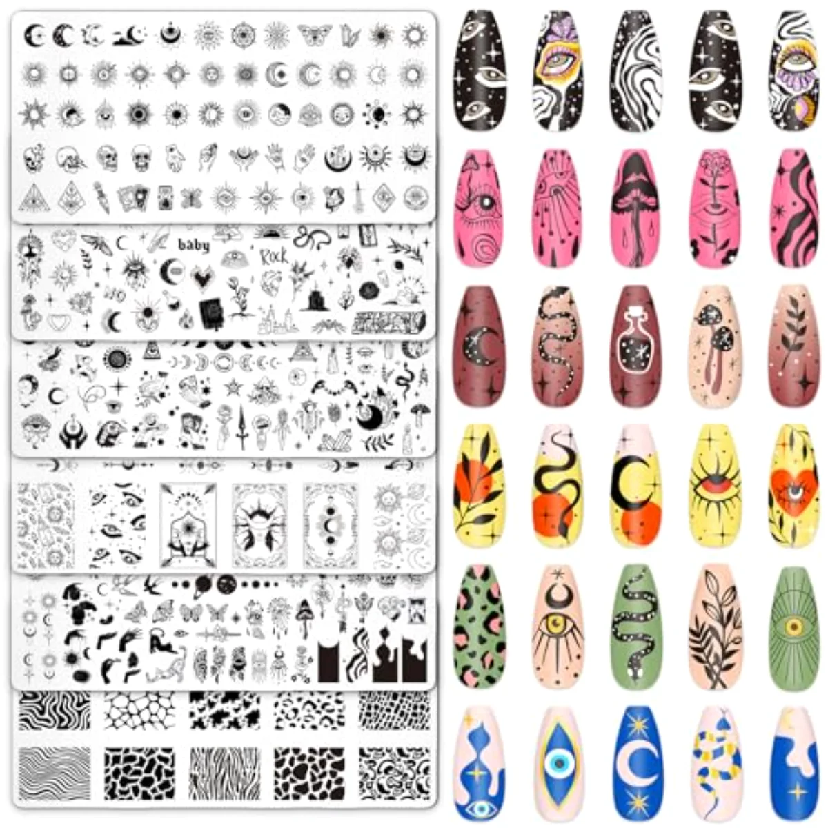 6 Pcs Gothic Halloween Nail Plates Stamping Set Skull Evil Eye Moon Stamp