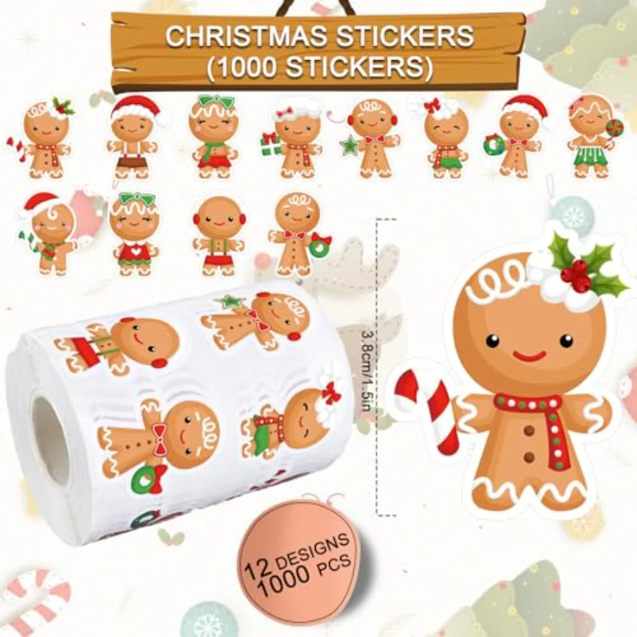 1000Pcs Christmas Gingerbread Man Stickers for Kids 12 Designs Funny, view 2