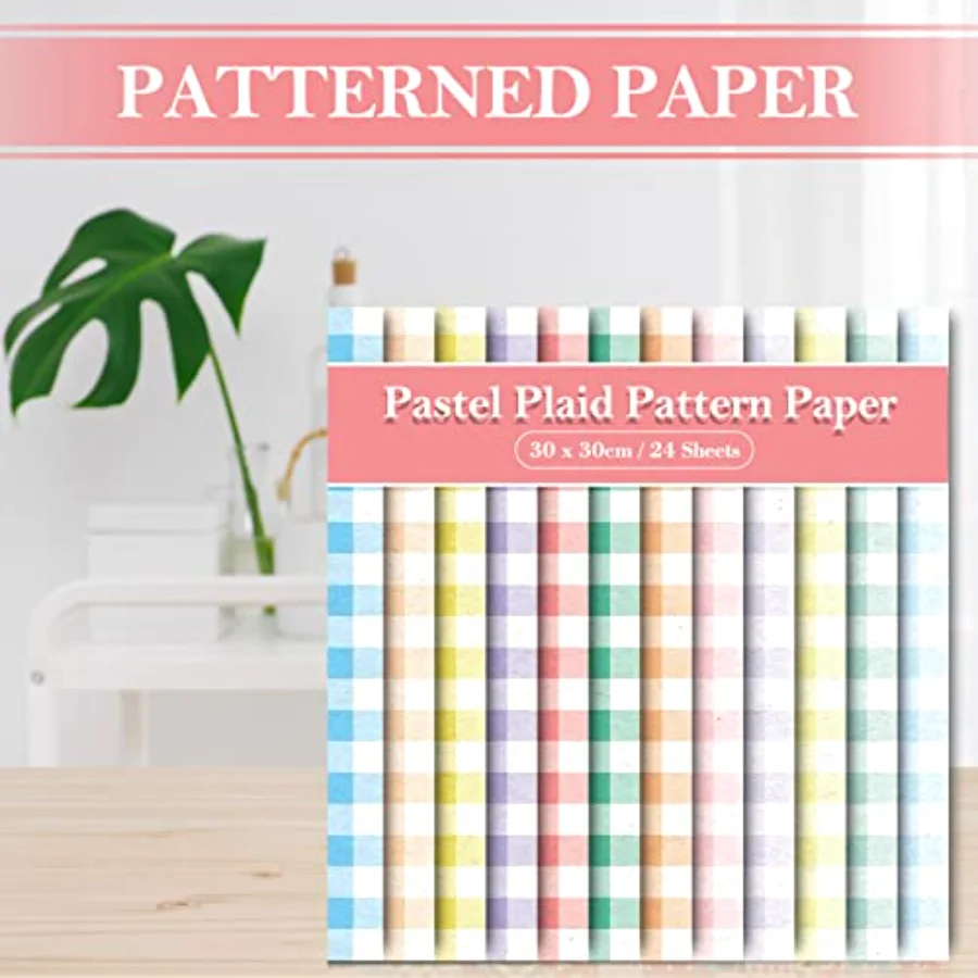 24pcs Pastel Plaid Pattern Paper 12 Designs Gingham Double-Sided Scrapbook, view 4