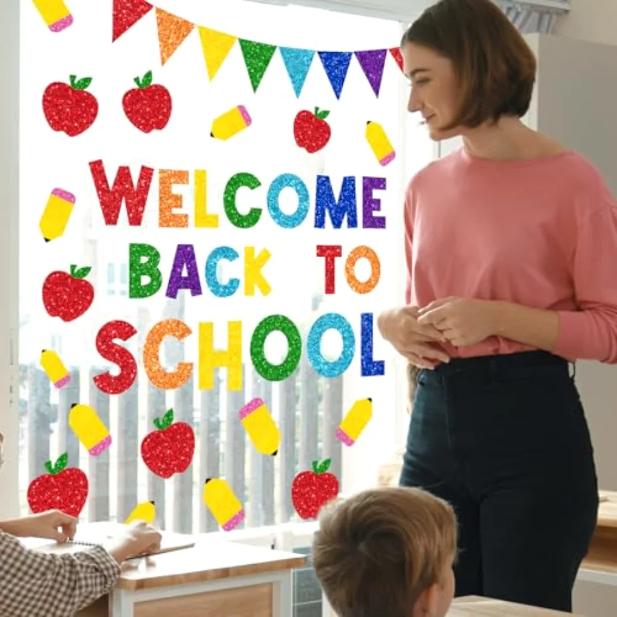 9 Sheet Welcome Back to School Window Clings Sparkly Colorful Pencil, view 3