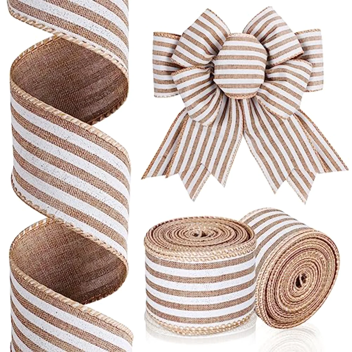 20 Yards Striped Wired Edge Ribbon White Natural Color Stripe Craft Ribbon