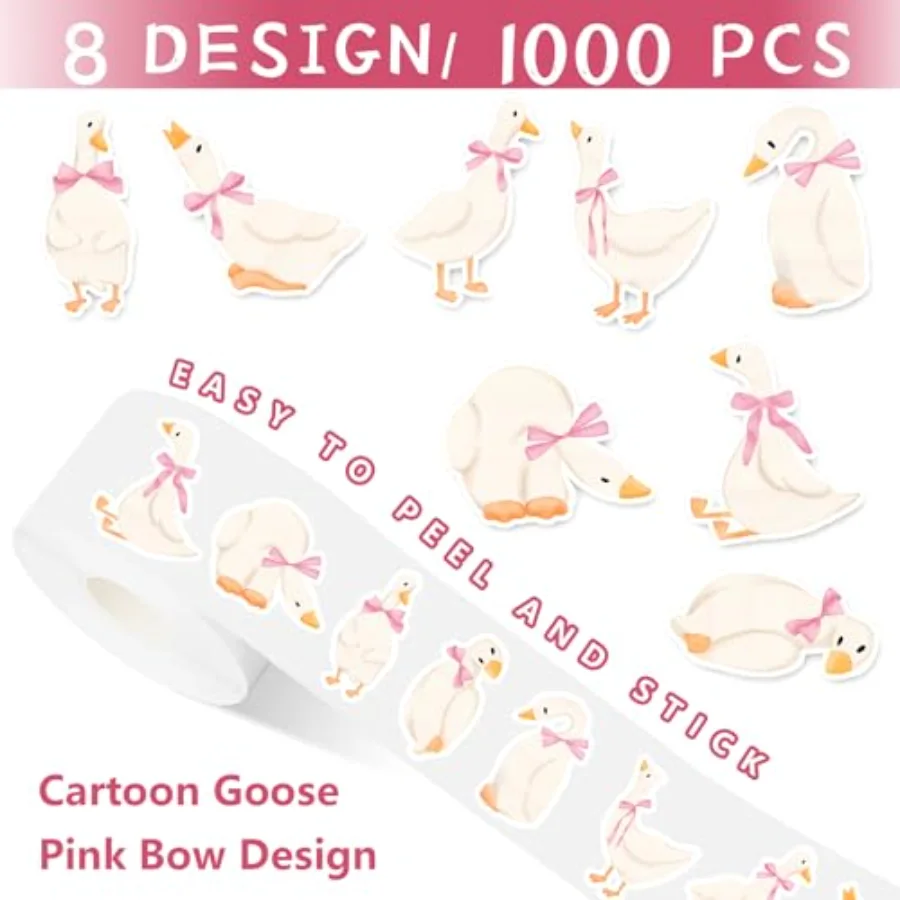 1000Pcs One Silly Goose Stickers Roll 8 Design Pink Bow Goose Self, view 3