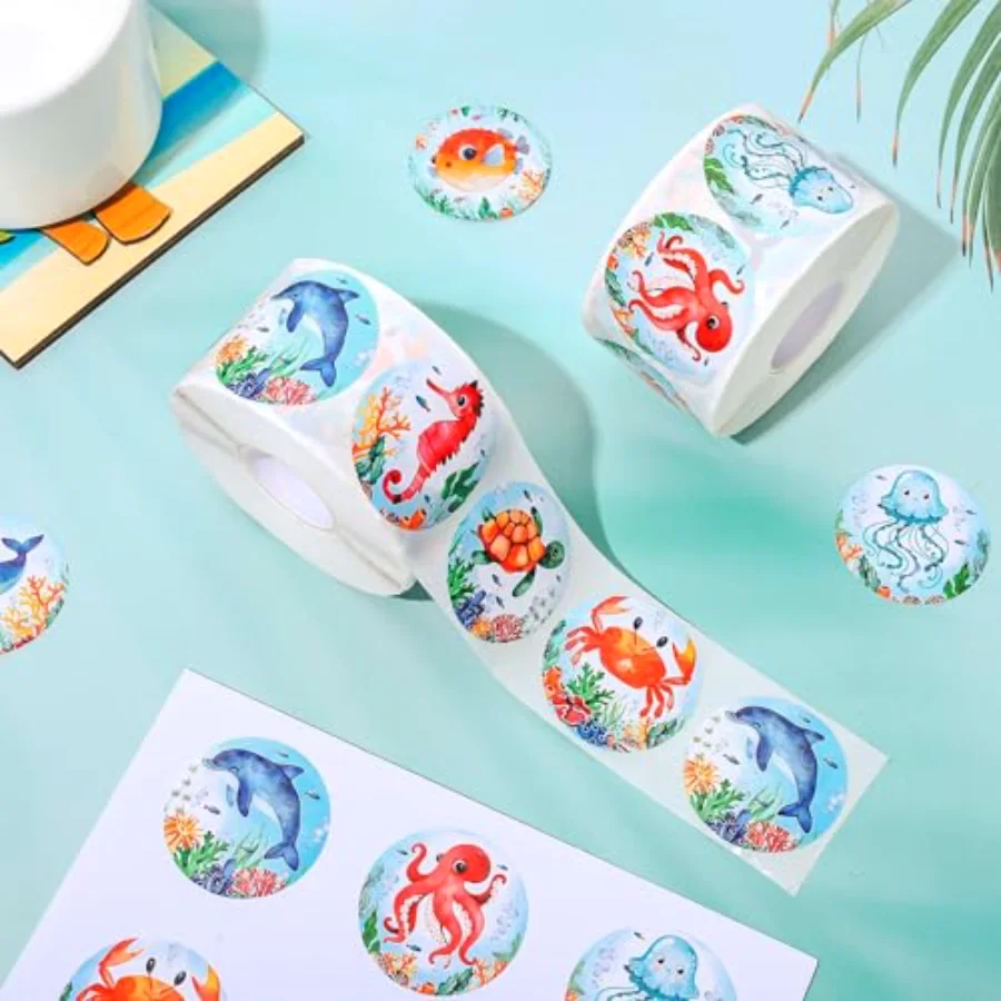 1000Pcs Summer Ocean Animals Stickers Roll Watercolor Marine Sea Life, view 3
