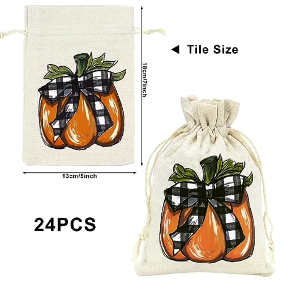 24 Pack Fall Burlap Bags Pumpkin Drawstring Bags Watercolor Plaid Pumpkin, view 2