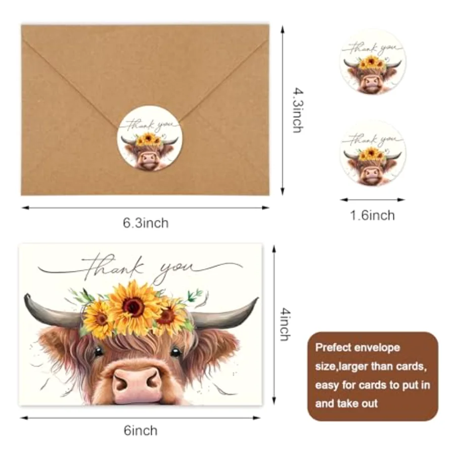 36Pcs Summer Highland Cow Thank You Cards with Envelope Stickers Brown Cow, view 2