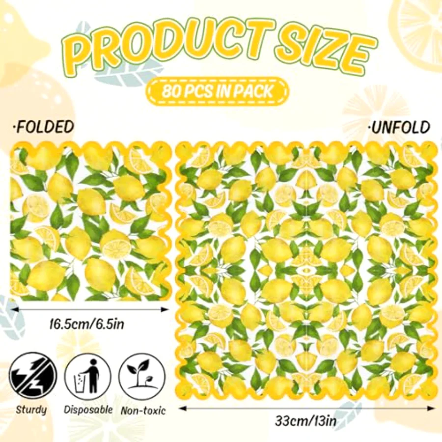 80Pcs Lemon Paper Napkins Watercolor Yellow Lemon Fruit Disposable Napkin, view 2
