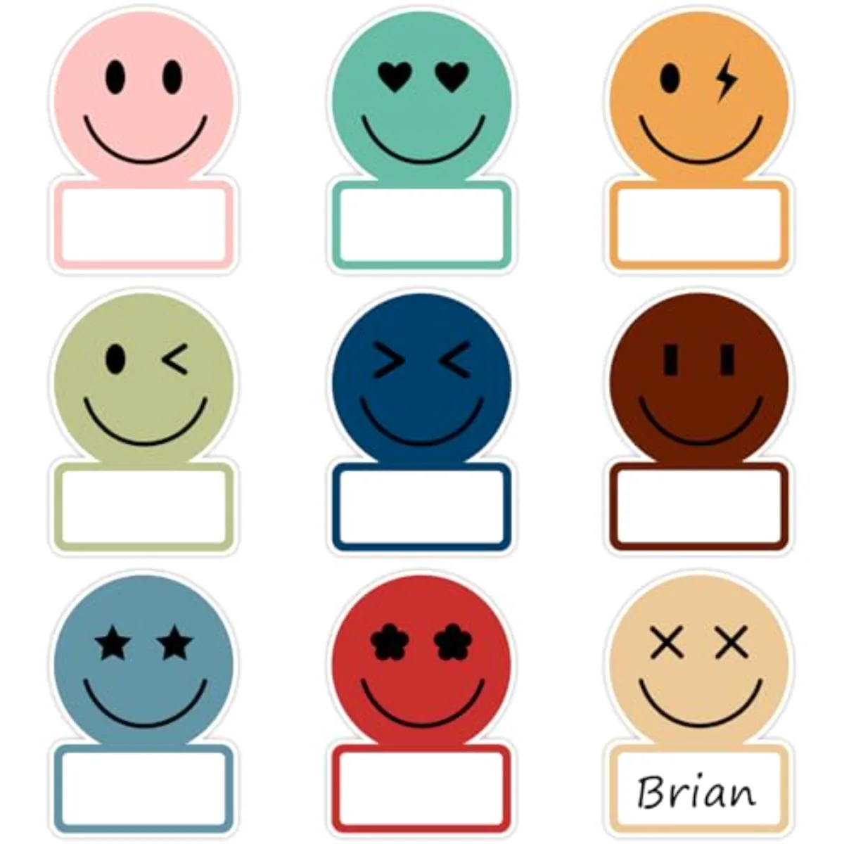 135 Pcs Boho Smile Face Name Tag Stickers Dark Color 9 Designs Nameplate