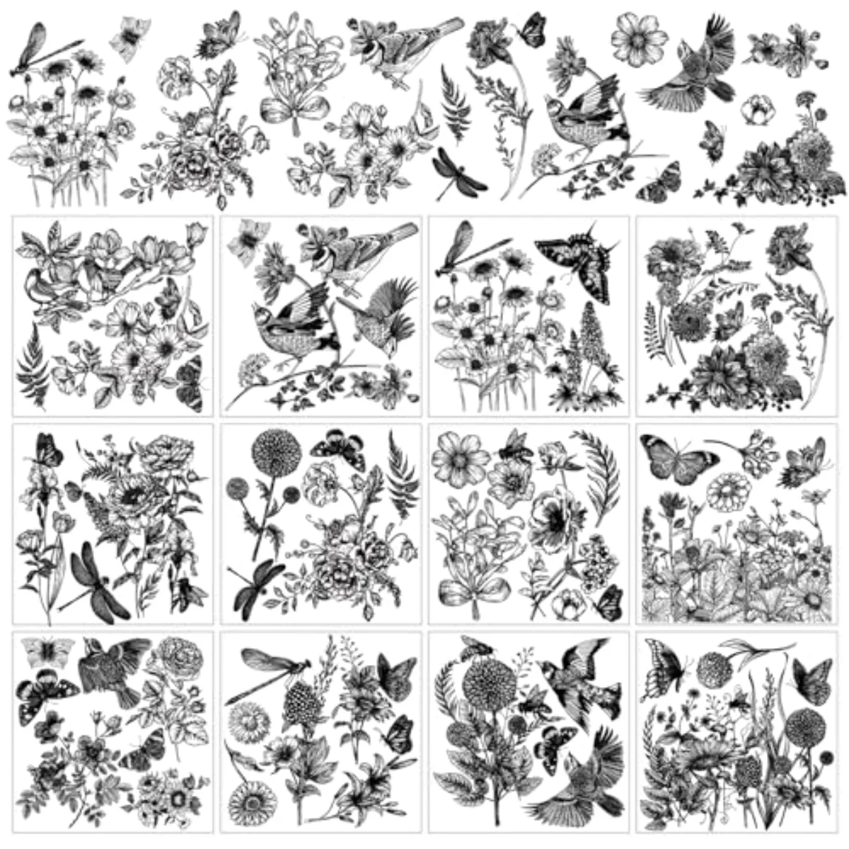 12 Sheet Floral Bird Butterfly Rub on Transfer for Crafts Vintage Black