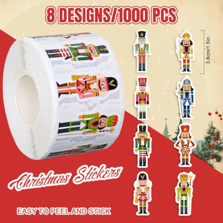 1000Pcs Christmas Nutcracker Stickers Roll Xmas Cartoon Nutcracker King, view 2