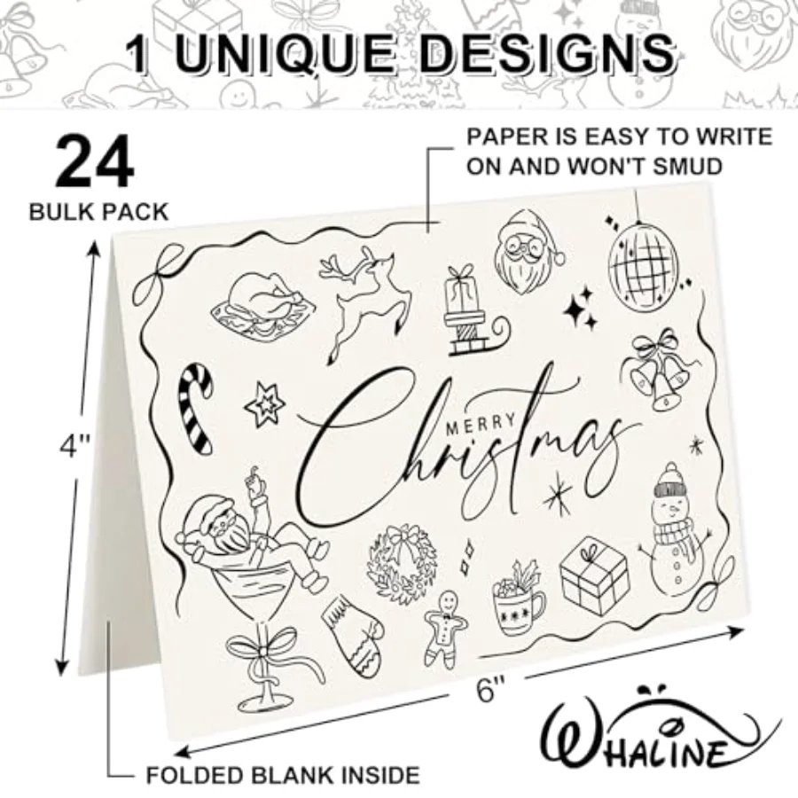 24 Pack Merry Christmas Cards Bulk Black Santa Snowman Greeting Cards, view 2