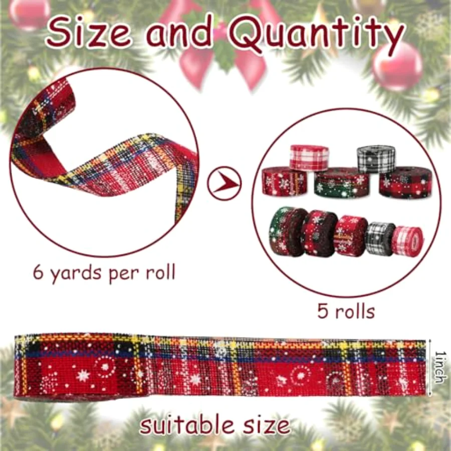 5 Rolls 30 Yard Christmas Burlap Ribbon - 1 Inch Snowflake Plaid for Gift, view 2